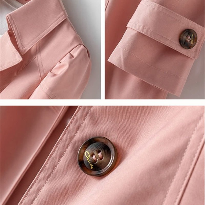 Close-up collage of the pink jacket collar, gathered shoulder, cuff tab and marbled brown buttons.