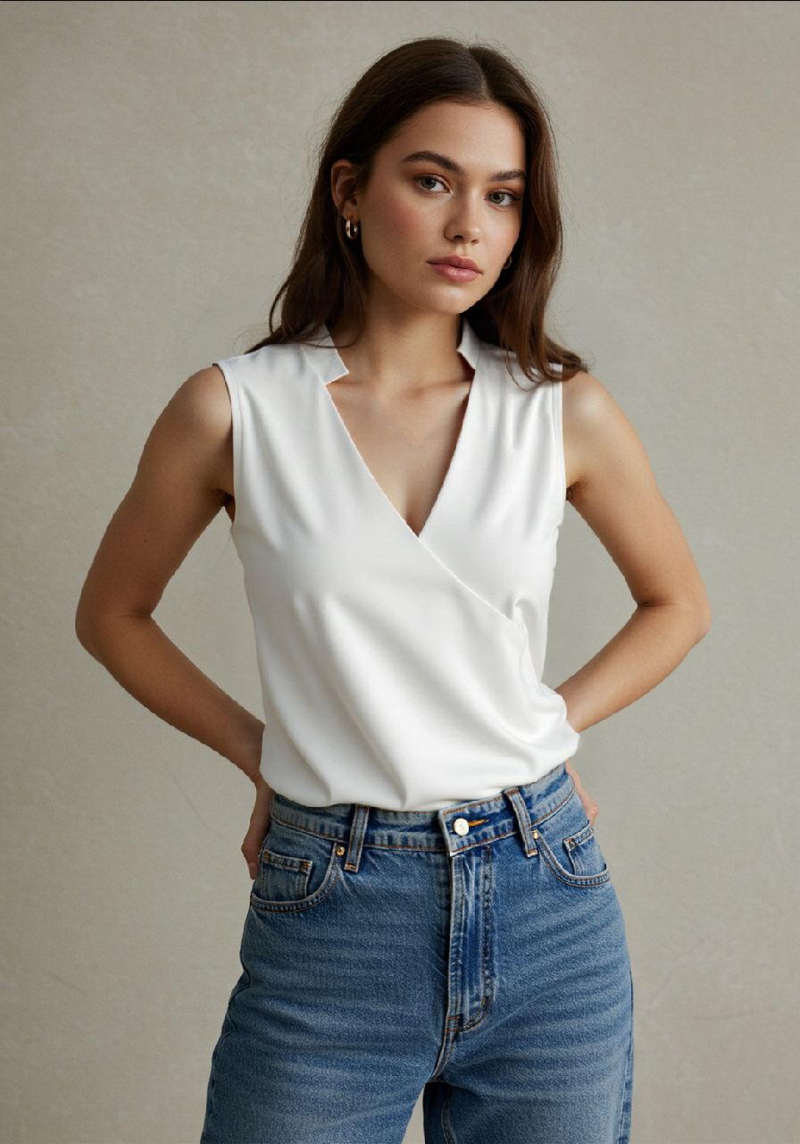 White sleeveless crossover top worn with jeans.