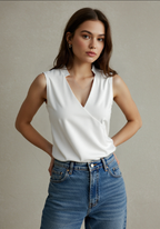 White sleeveless crossover top worn with jeans.
