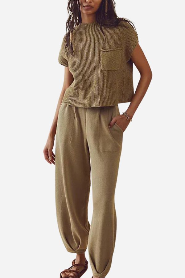 Full view of an olive-beige knit top and lounge trousers.