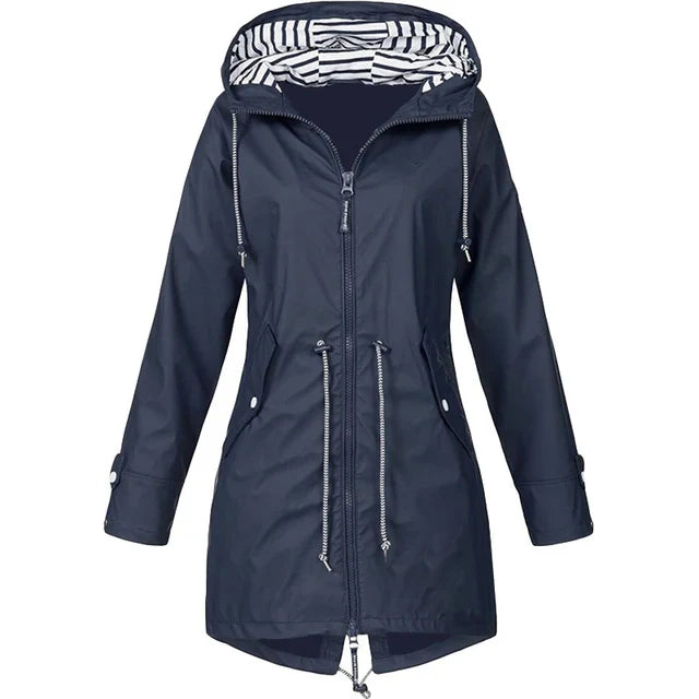 Navy blue coat with contrasting hood lining, front zip and waist drawstrings.