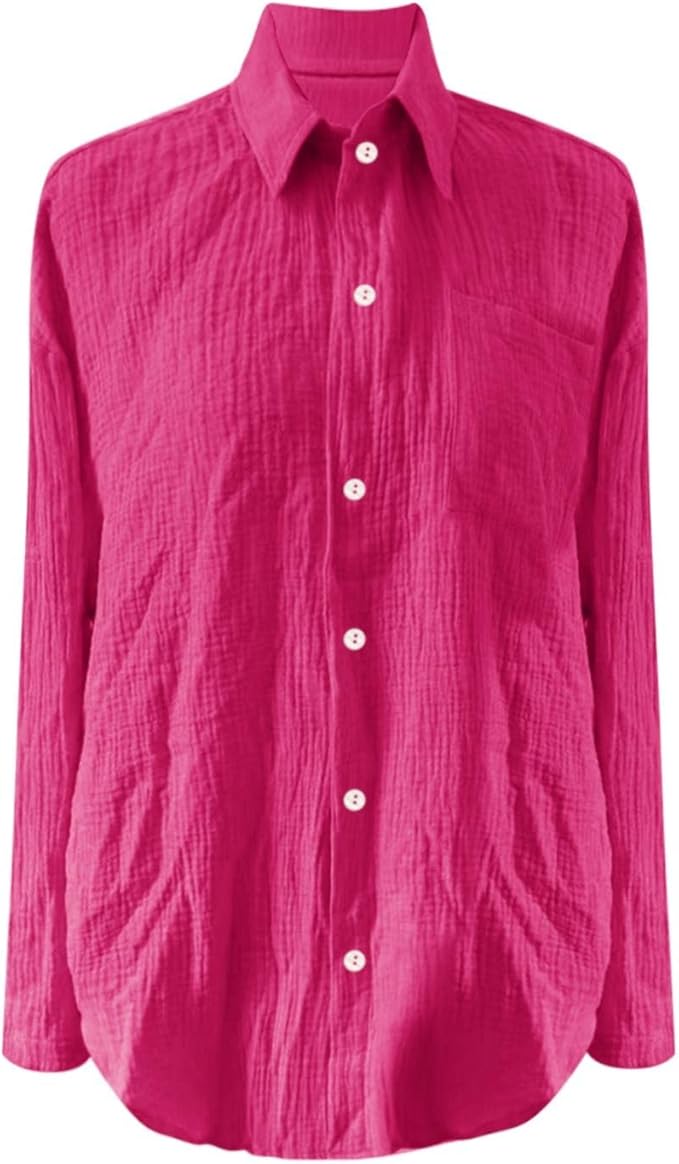 Bright pink textured blouse displayed against a white background.