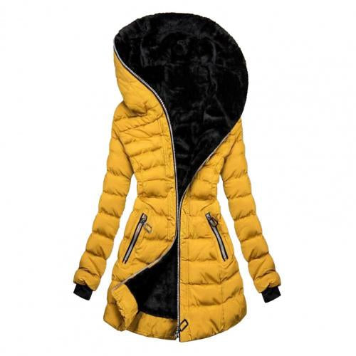 Yellow Sasha coat with black lining and a broad hood.