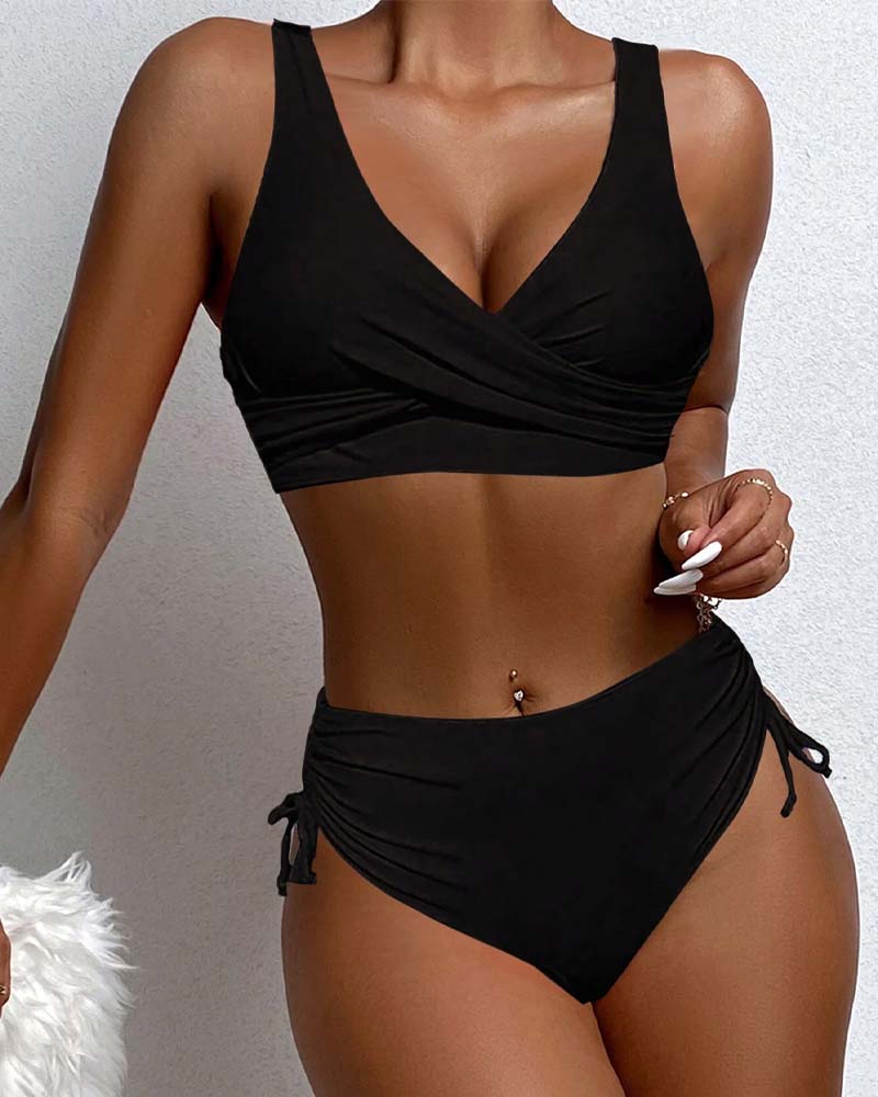 Black bikini with a crossover top and drawstring-side briefs.