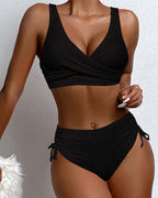 Black bikini with a crossover top and drawstring-side briefs.