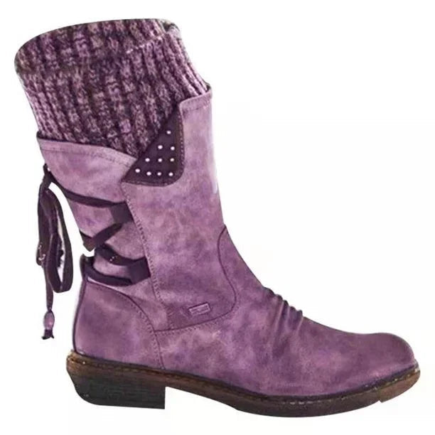 Purple boot with matching knit cuff and side lacing.