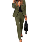 Green Abigail blazer and trouser set with metallic button trim.
