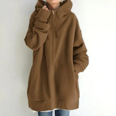 Brown hoodie with a drawstring hood and broad cuffs.