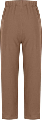 Front view of khaki trousers with an elasticated waist.