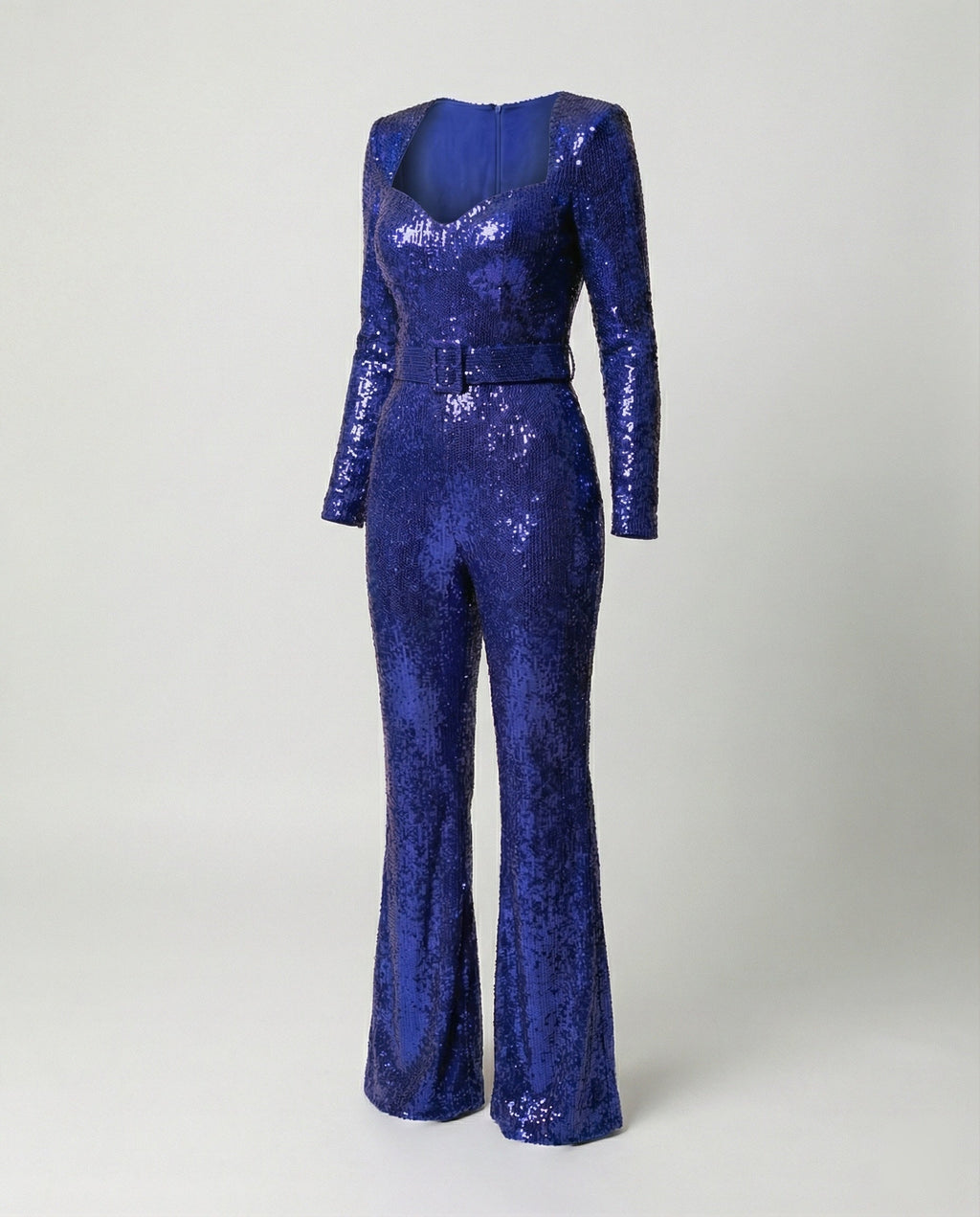 Blue long-sleeved sequin jumpsuit displayed on its own.