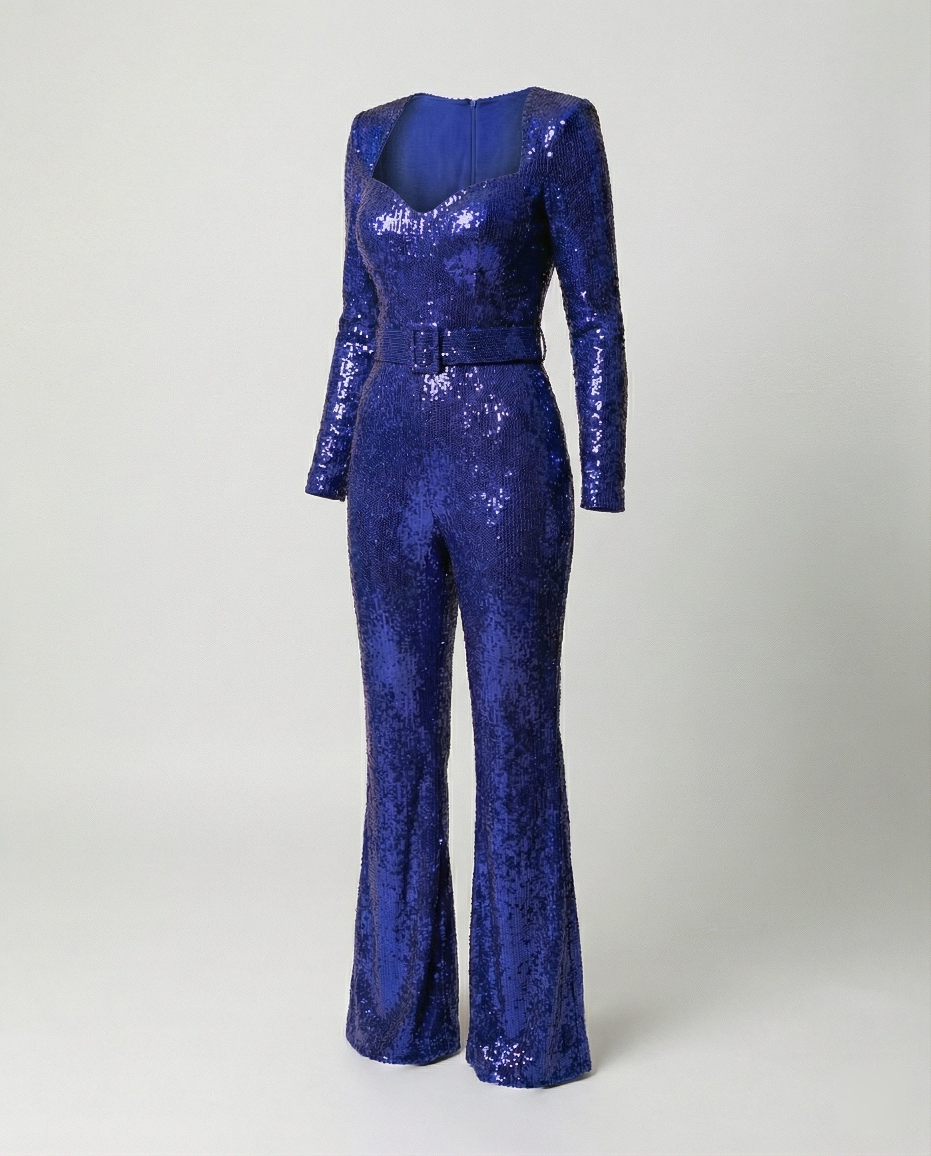 Blue long-sleeved sequin jumpsuit displayed on its own.
