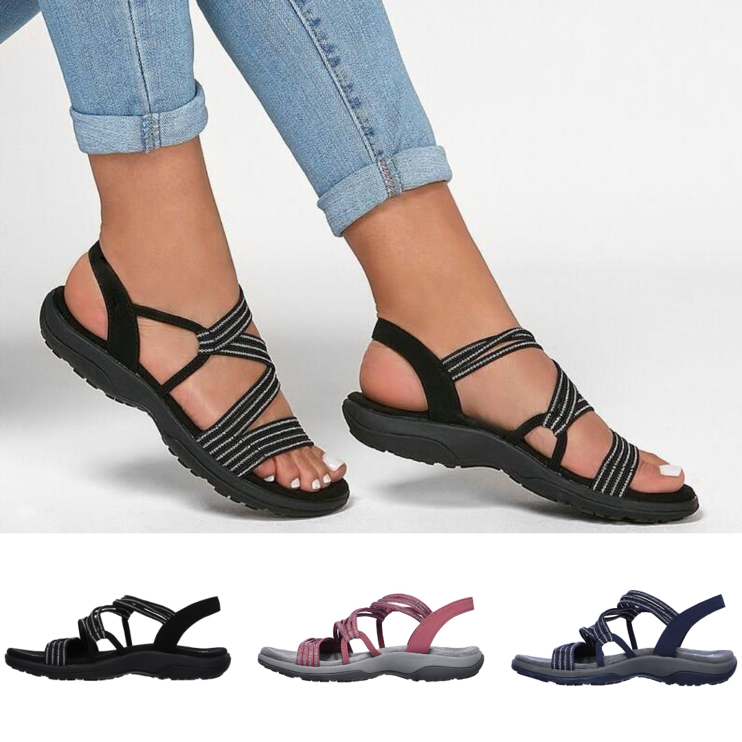 Black striped-strap sandals worn with rolled jeans, with three colour examples below.