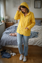 Yellow hooded parka worn with jeans indoors.