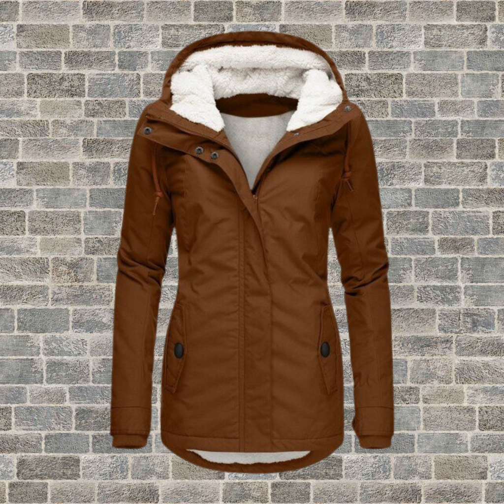 Brown coat with a pale hood lining, front zip and long sleeves.