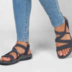 Blue striped-strap sandals worn with rolled jeans.