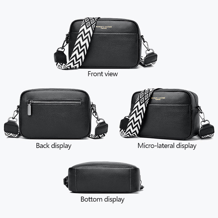 Four-view panel showing the black bag front, back, side and base.