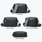 Four-view panel showing the black bag front, back, side and base.