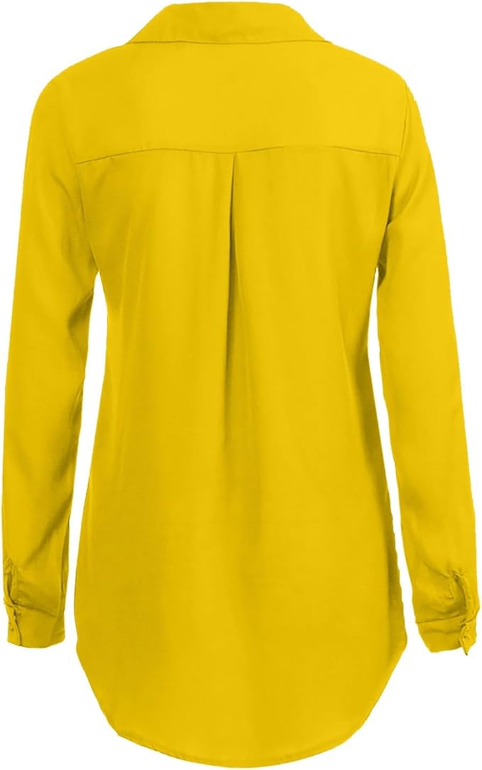 Rear view of yellow blouse with a yoke and pleat.