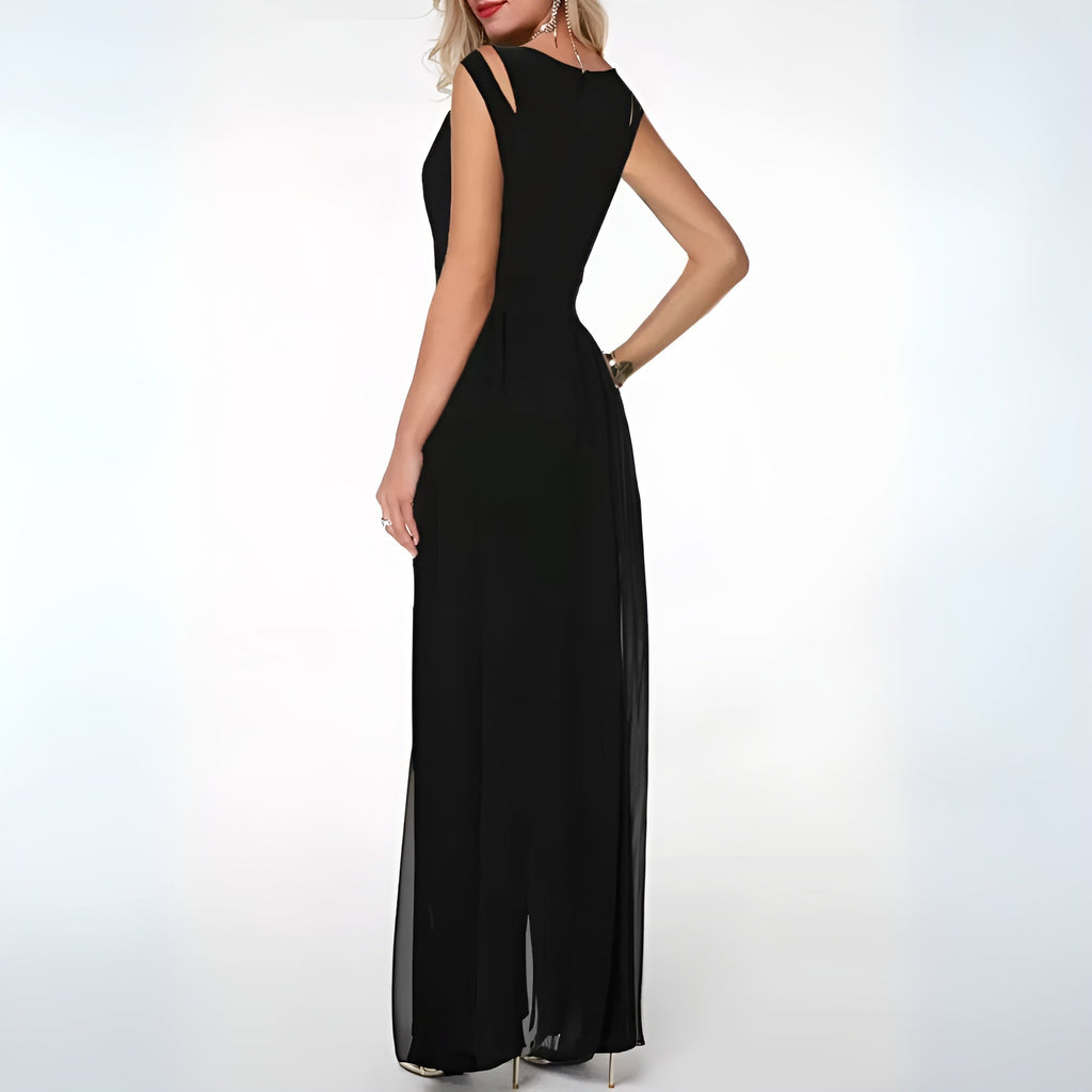 Black Faelan jumpsuit viewed from the back and side.
