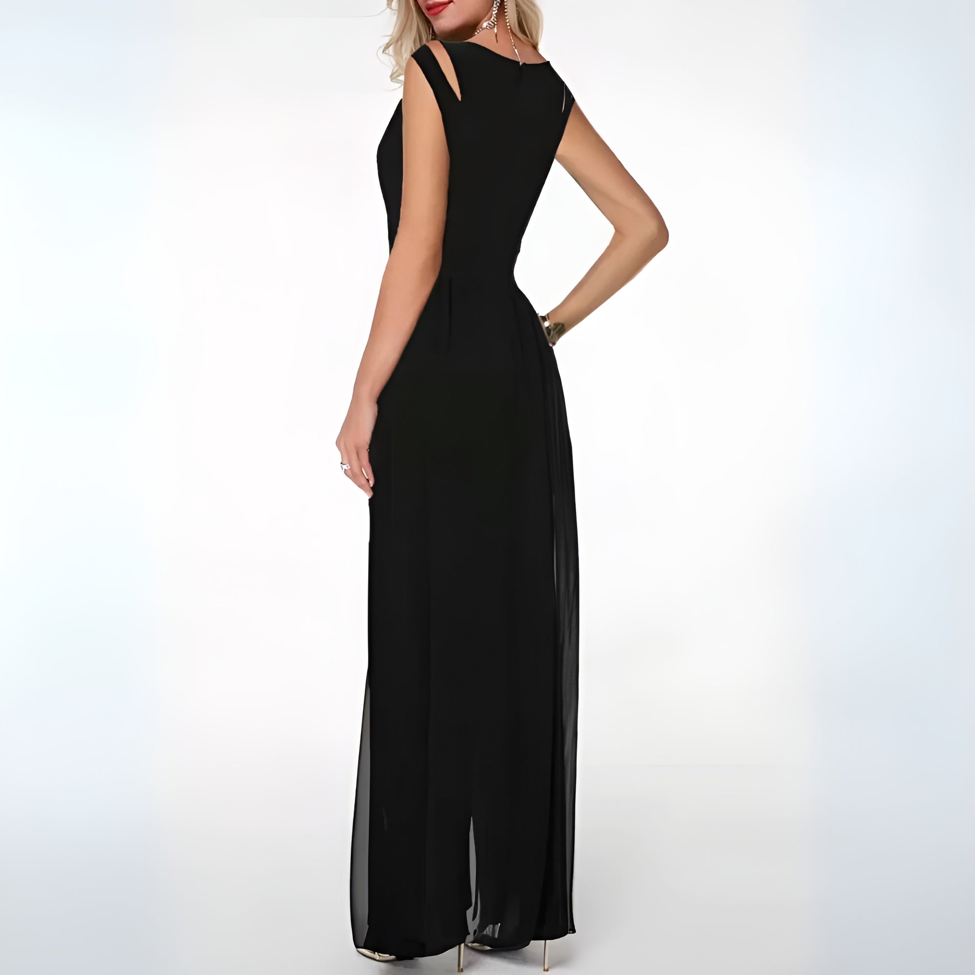 Black Faelan jumpsuit viewed from the back and side.