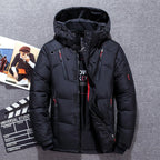 Black padded jacket with an adjustable hood and front zip.
