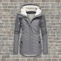 Grey coat with a pale textured hood lining, long sleeves and angled side pockets.
