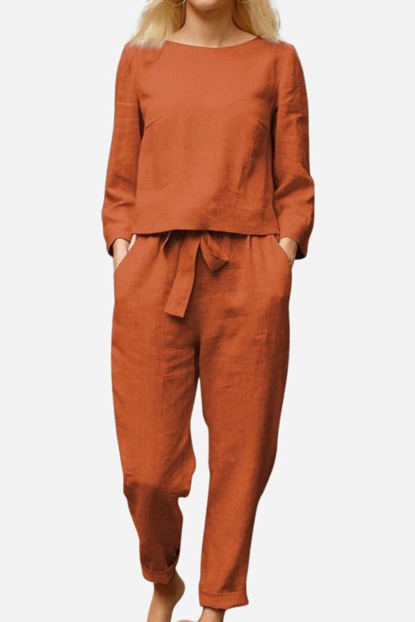 Orange two-piece set shown from the front.