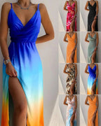 Collage of the maxi dress in several prints and plain colourways.