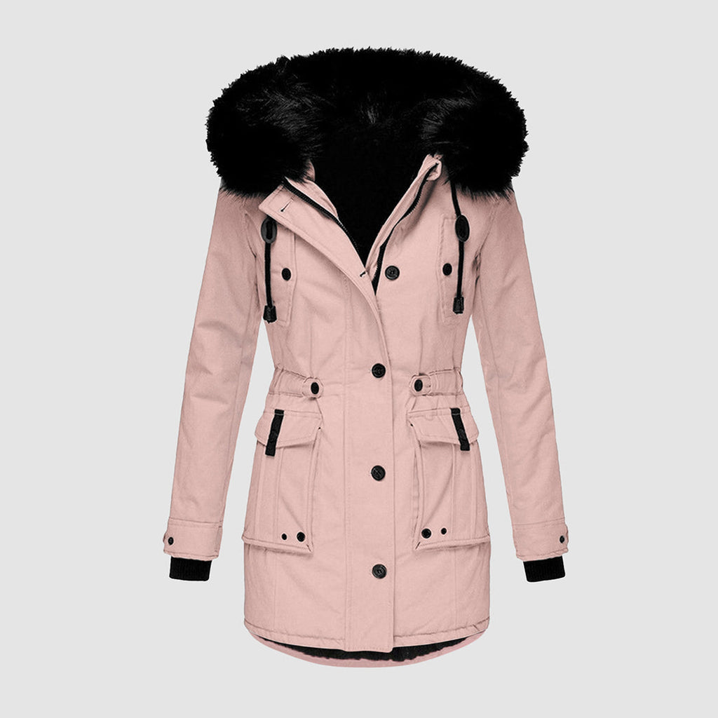 Pink jacket with dark hood trim and a shaped waist.