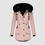 Pink jacket with dark hood trim and a shaped waist.