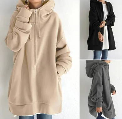 Khaki hoodie beside black open-front and grey side views.