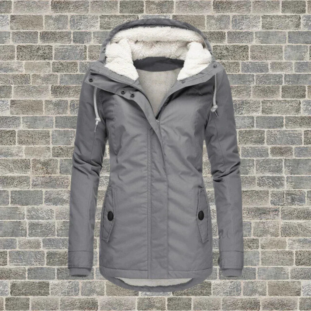 Grey hooded coat with pale textured lining and angled pockets.