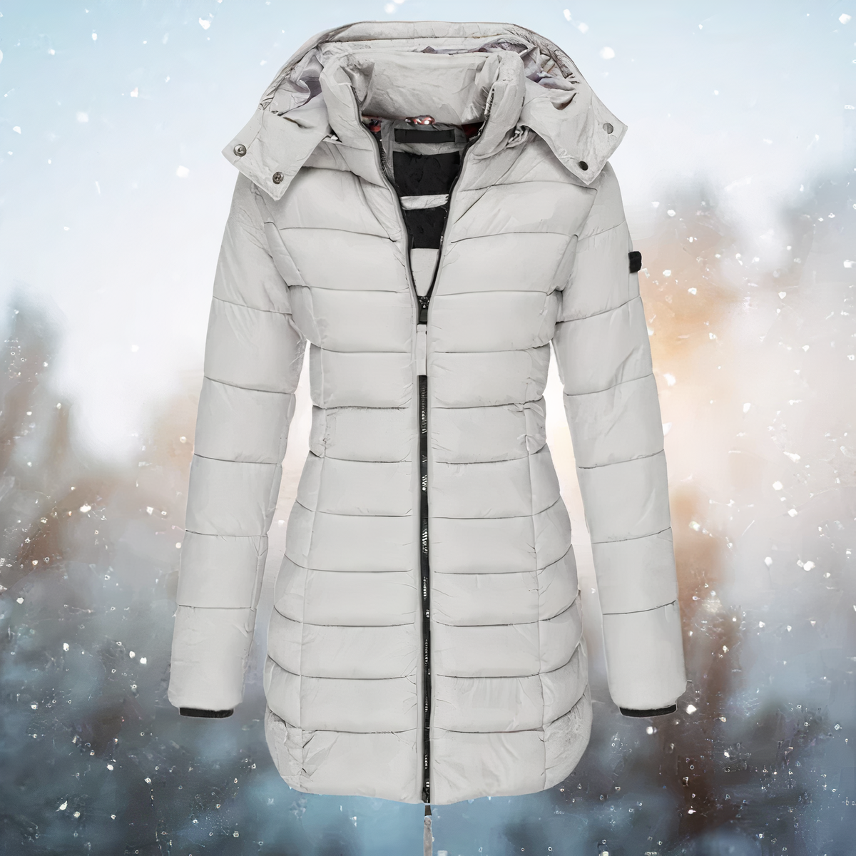 Pale grey long puffer coat with a hood and central zip.