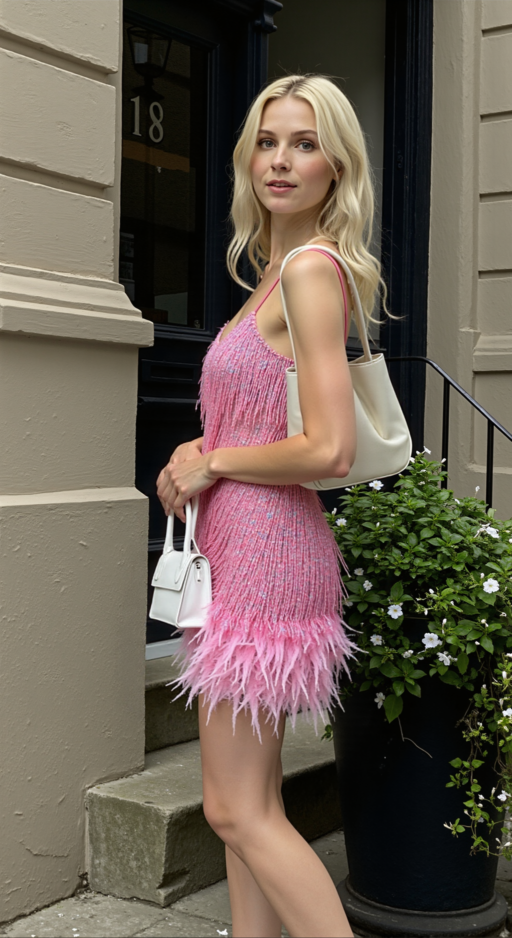 Pink fringe cocktail dress with narrow straps and a feather-trimmed hem, worn outside a townhouse.