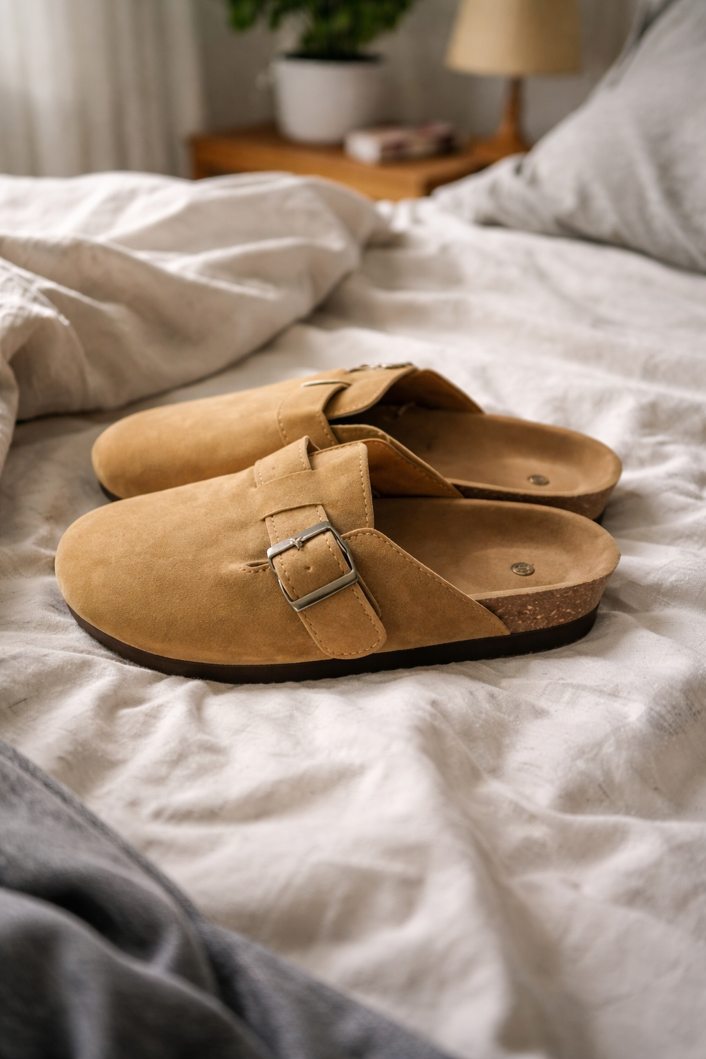 Beige closed-toe clogs with broad buckle straps on a bed.