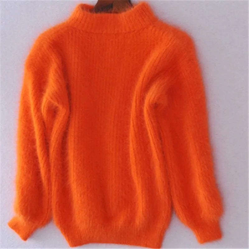 Orange knit jumper with a high ribbed neck and full sleeves.