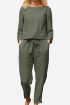 Army green matching set with a round-neck top and tie-waist trousers.