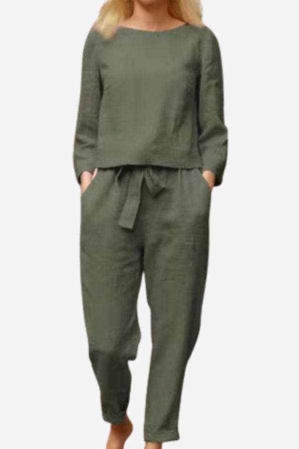 Army green matching set with a round-neck top and tie-waist trousers.