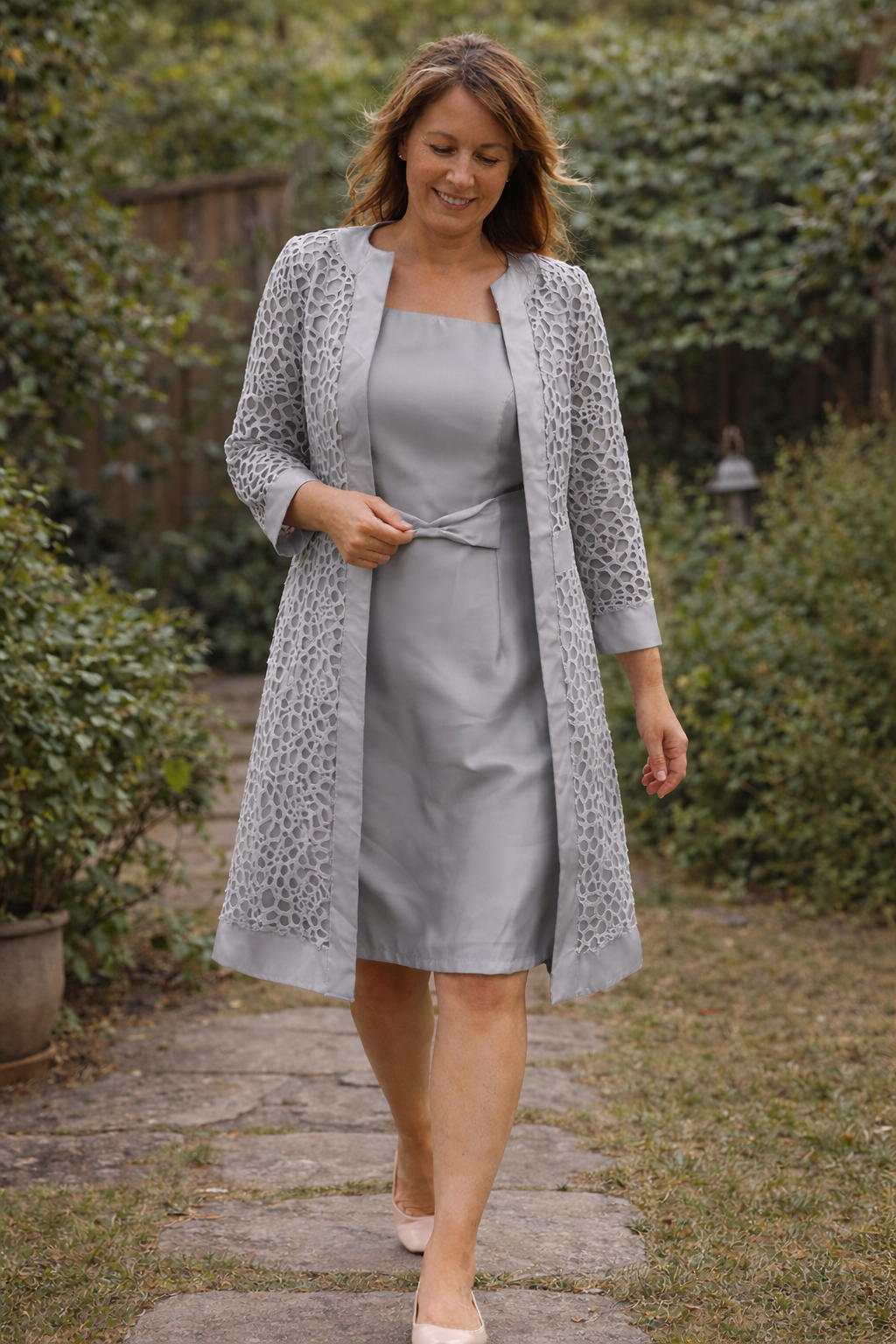Grey dress and matching lace-effect jacket shown in the source gallery.