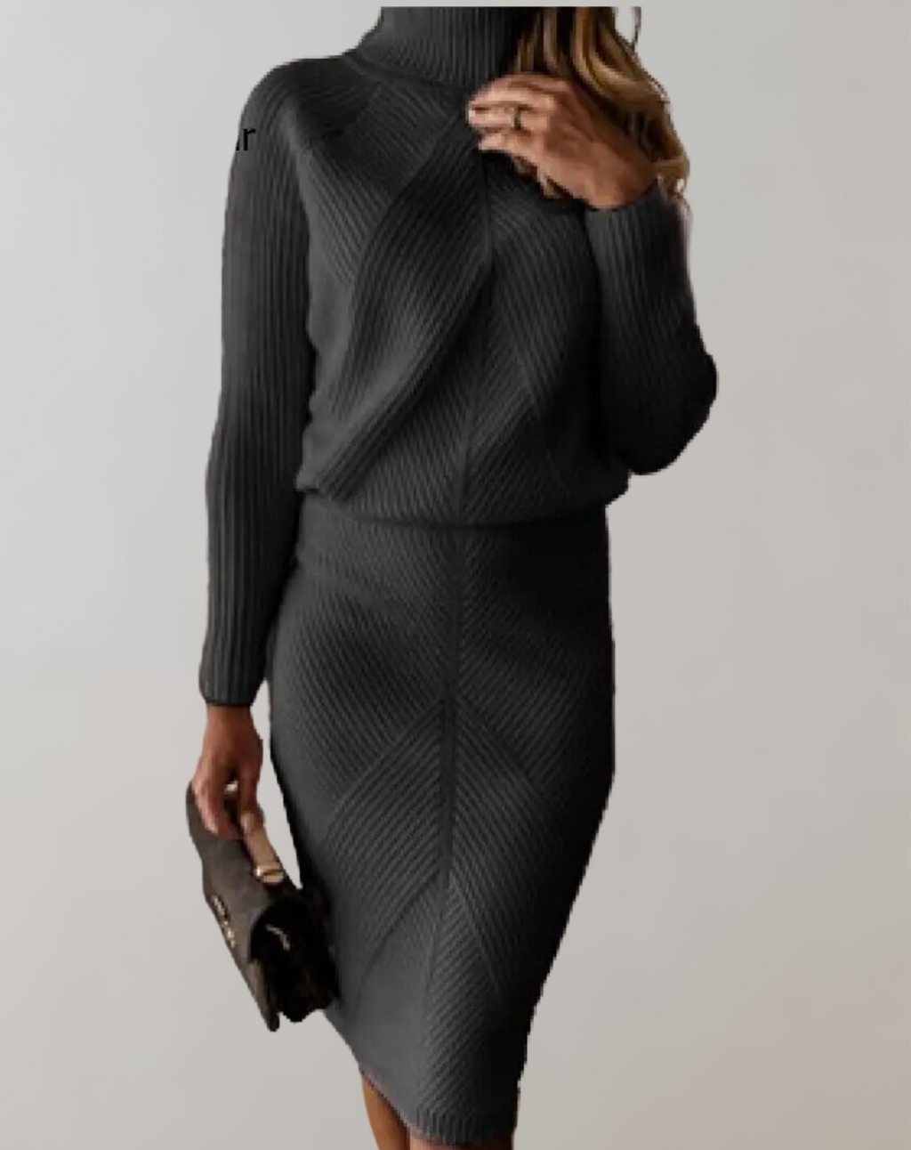 Dark-grey ribbed turtleneck and slim skirt.