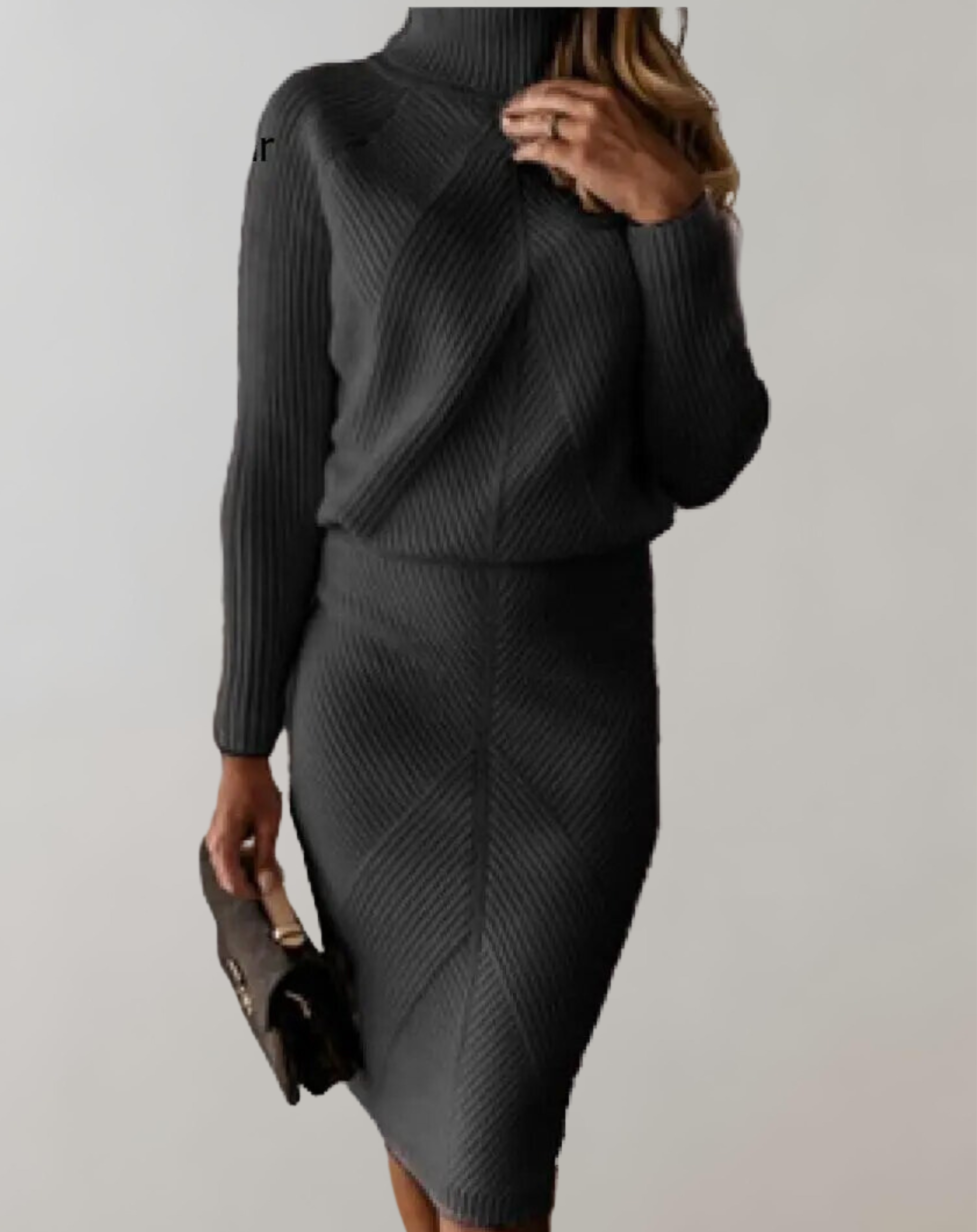 Dark-grey ribbed turtleneck and slim skirt.
