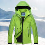 Bright-green hooded jacket with contrasting green panels.