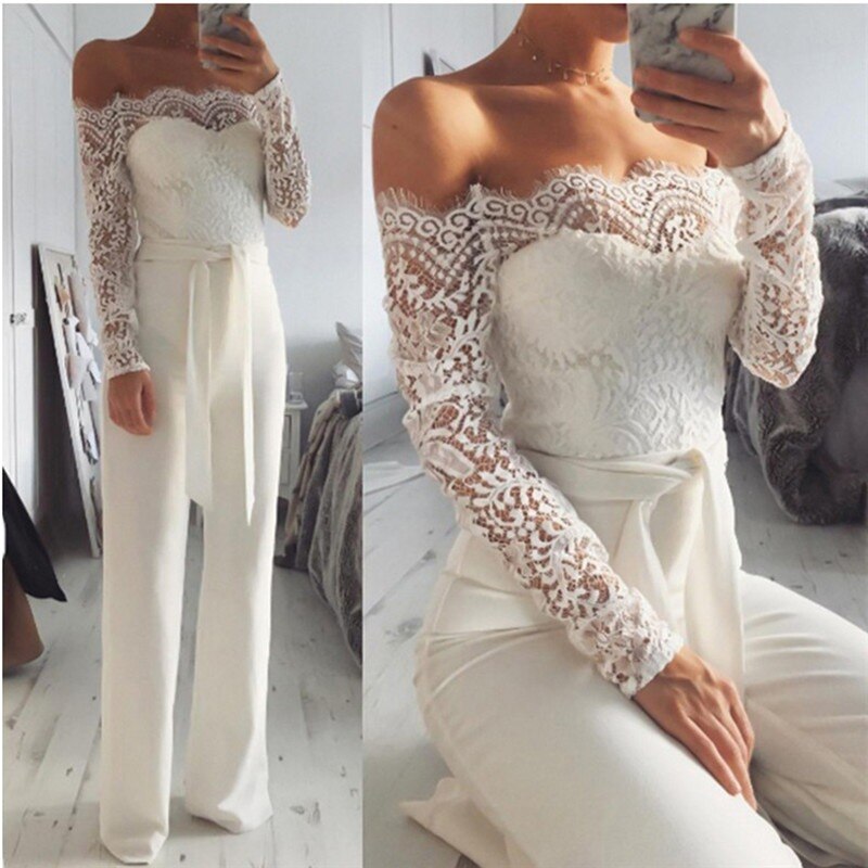 Collage showing the white lace jumpsuit standing and seated.