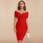 Red fitted dress with an off-shoulder V-neck.