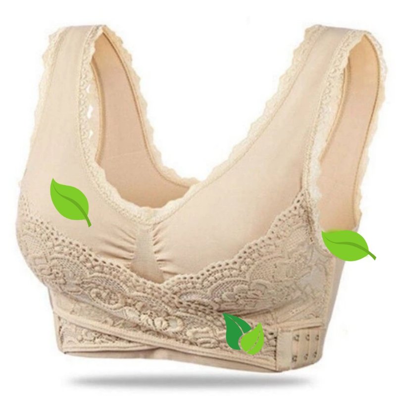 Khaki lace-trim bra with adjustable front bands.
