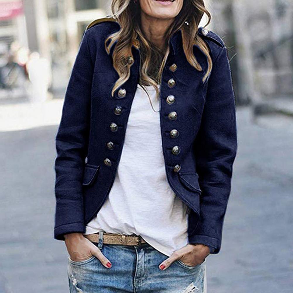 Dark blue Spada blazer with a stand collar and open front.