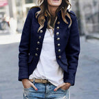 Dark blue Spada blazer with a stand collar and open front.