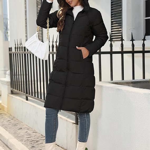 Black hooded coat with long sleeves and two angled front pockets.