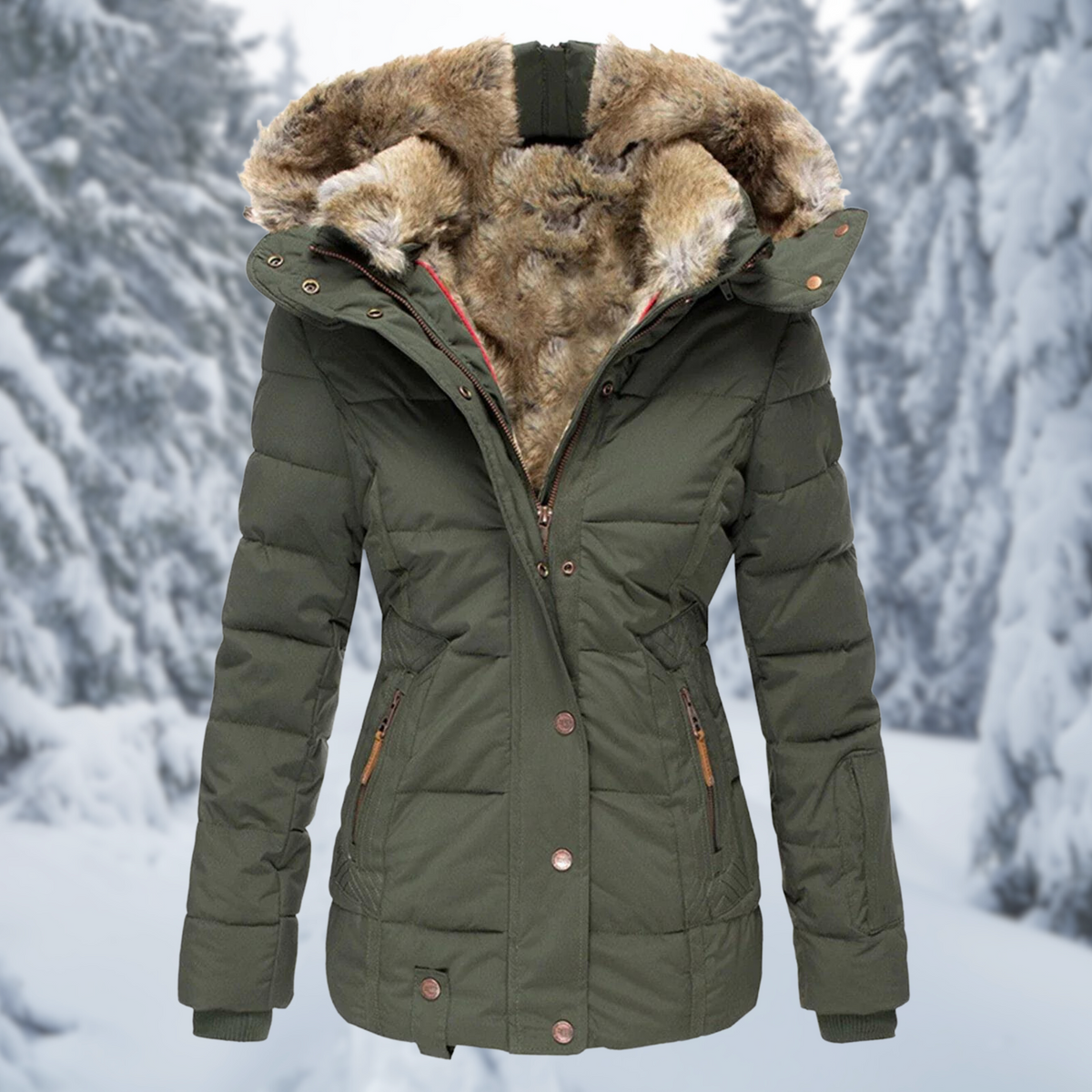 Front of a green jacket with plush hood lining, press studs and zipped side pockets.