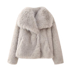 Pale beige short faux-fur jacket with a wide folded collar.